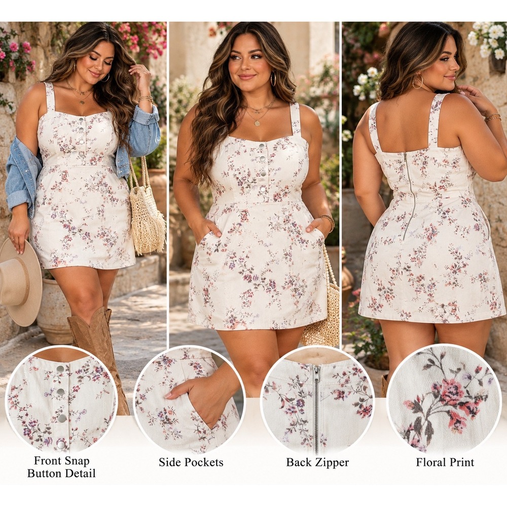 No Boundaries Floral Denim Mini Dress Off White Pink Purple XXL 19 Sleeveless